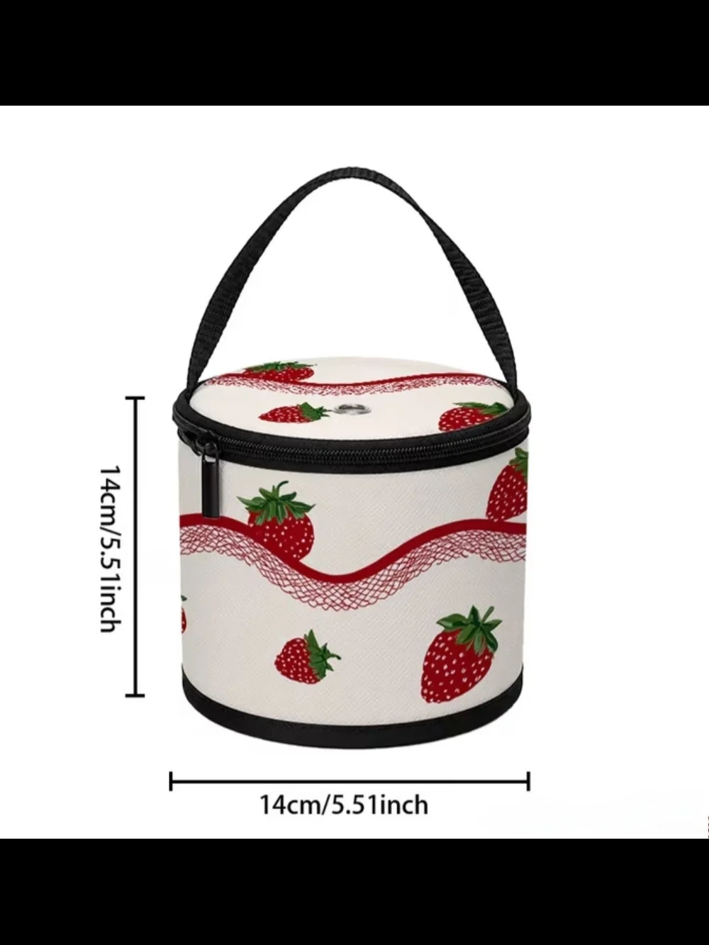 Strawberry Print Round Craft Storage Bag with Handle - Cream & Red